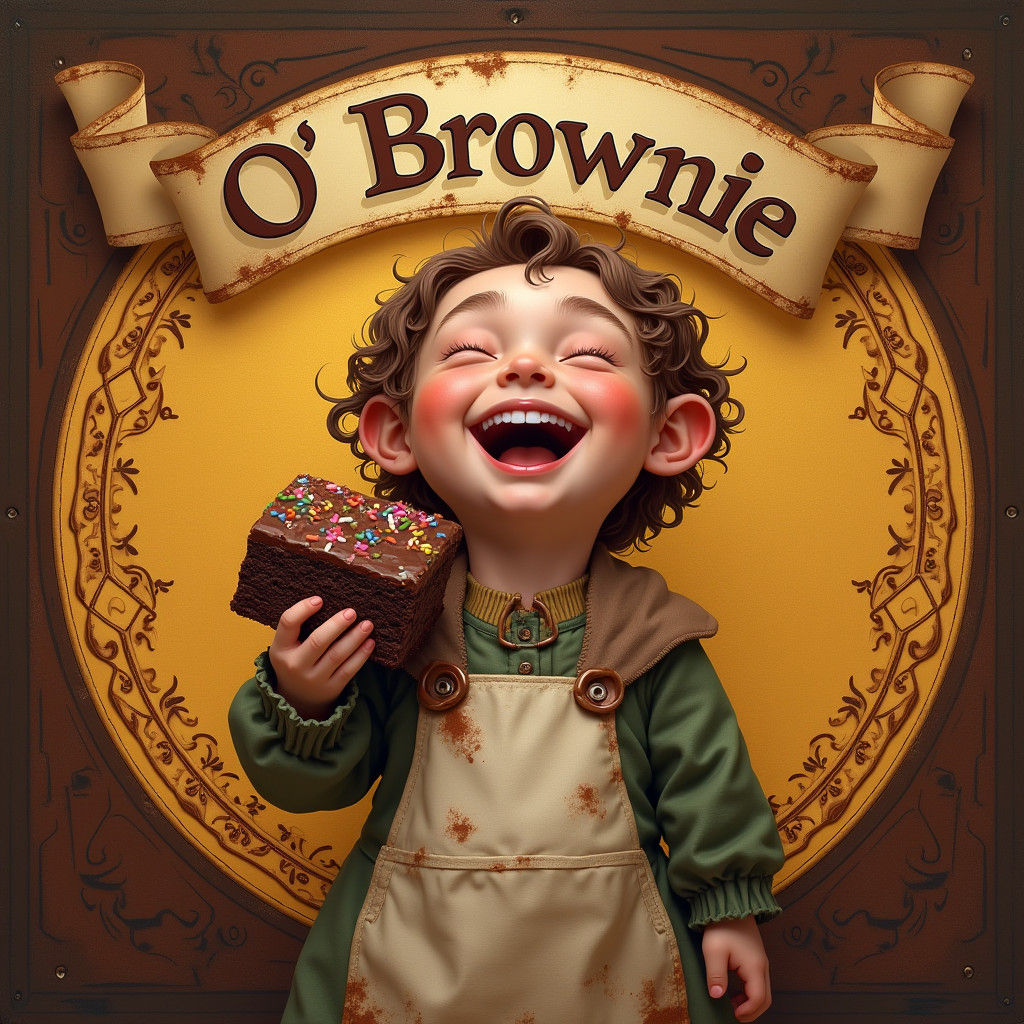 Joyful Hobbit Child Holding Brownie, Matte Painting Style