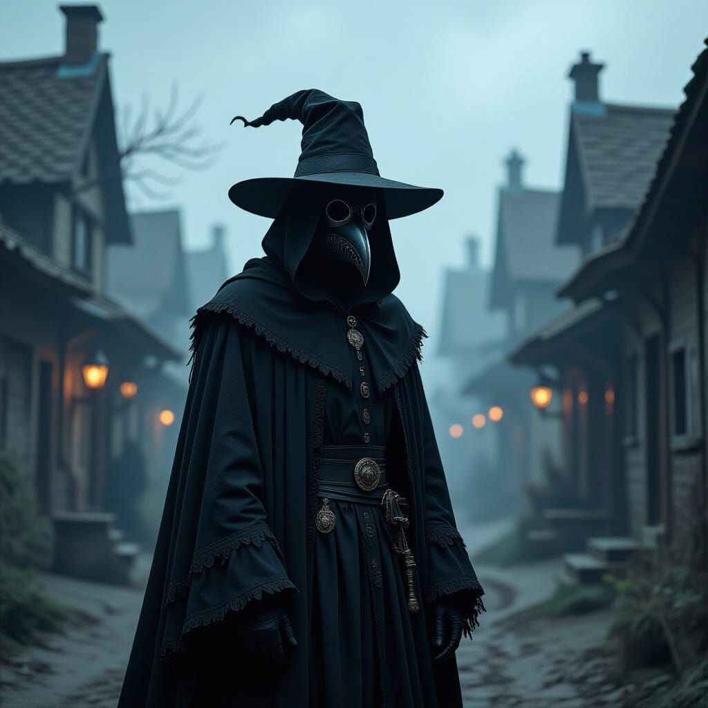 Ominous Plague Doctor in Dark Surrealist Style