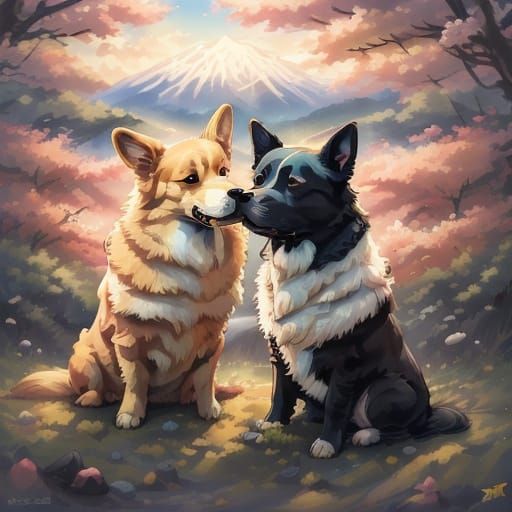 Two Pet Dogs in Grassy Field, Golden Hour Lighting