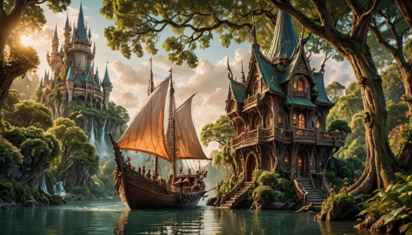 Elven Boat on Serene River: Fantasy Landscape Photography