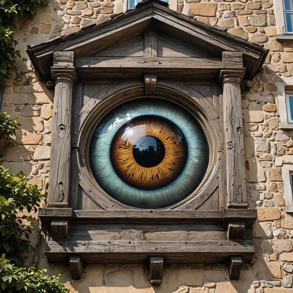 Giant Eye Outside Window of European House