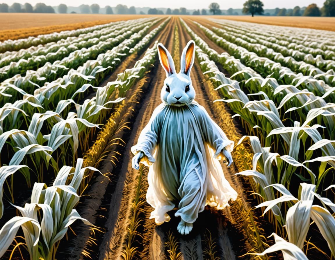 Ethereal Ghost Rabbit Haunts Harvested Field