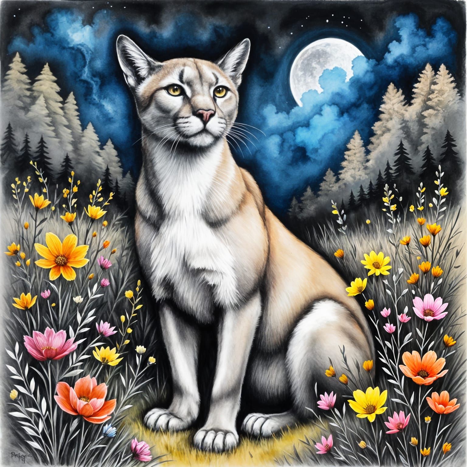 Charcoal Mountain Lion in Wildflower Field