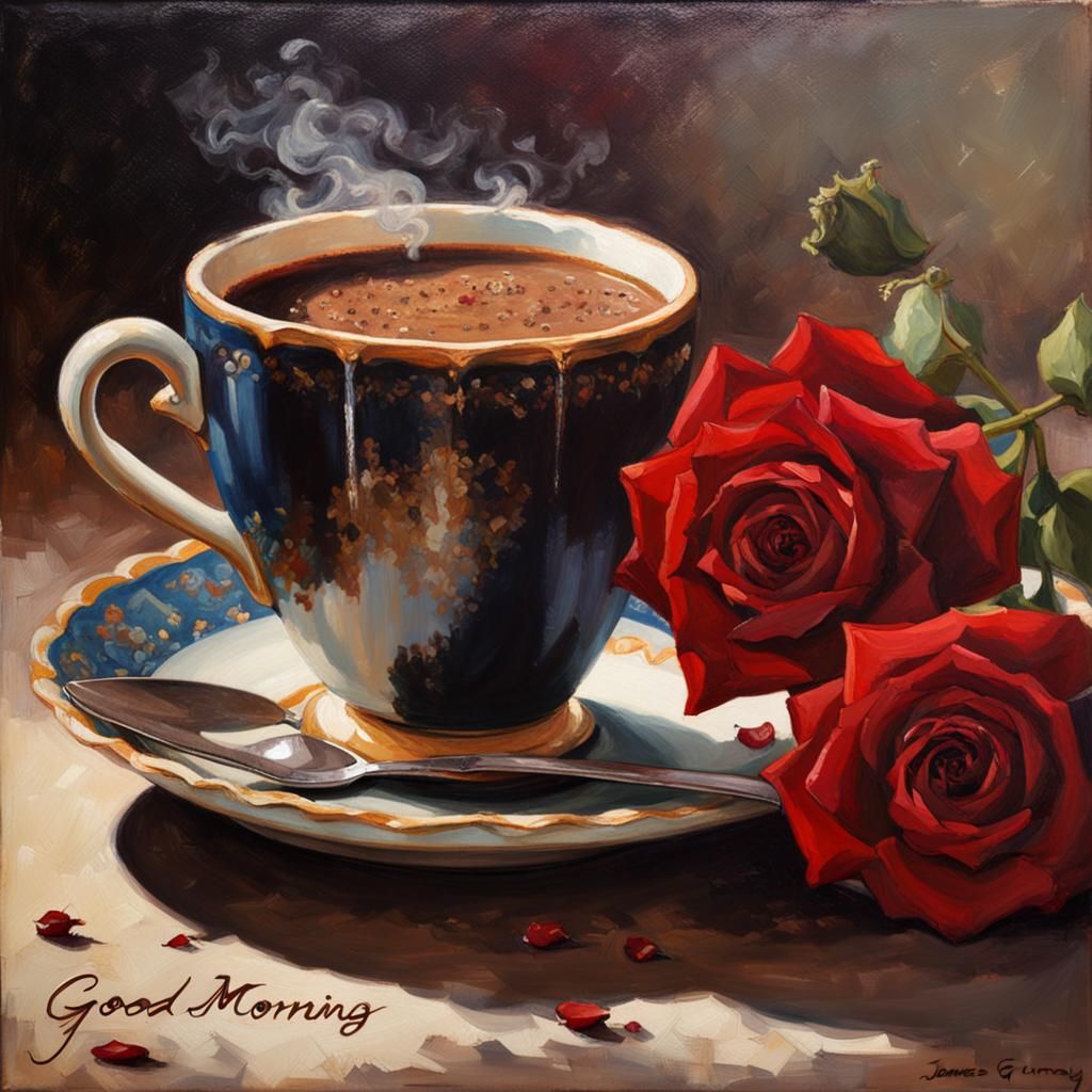 Coffee, Cake, and Roses Still Life in Oil Painting