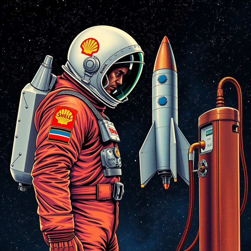 Astronaut Refuels Rocket in 1950s Comic Style