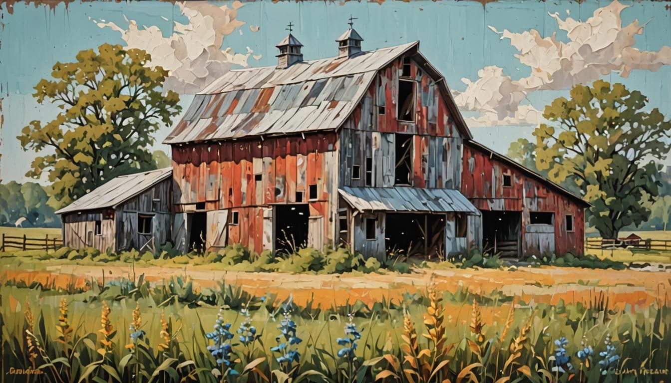 Farmhouse Barn with Faded Ad: Detailed Oil Painting