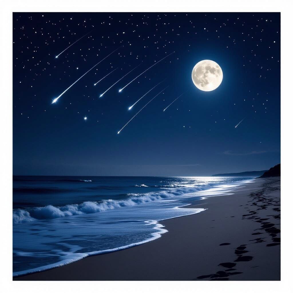Ocean Beach at Night: Full Moon and Shooting Stars