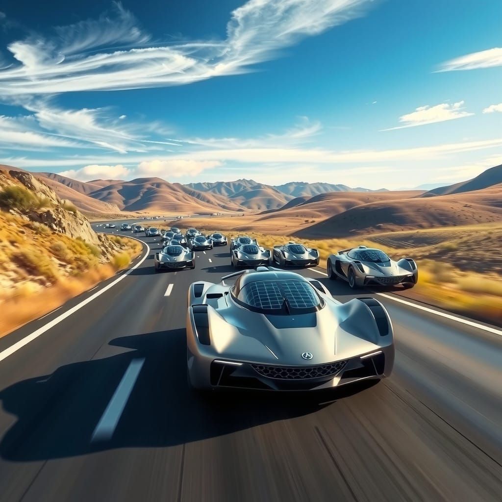 Futuristic Solar-Powered Cars Speed Down Winding Highway