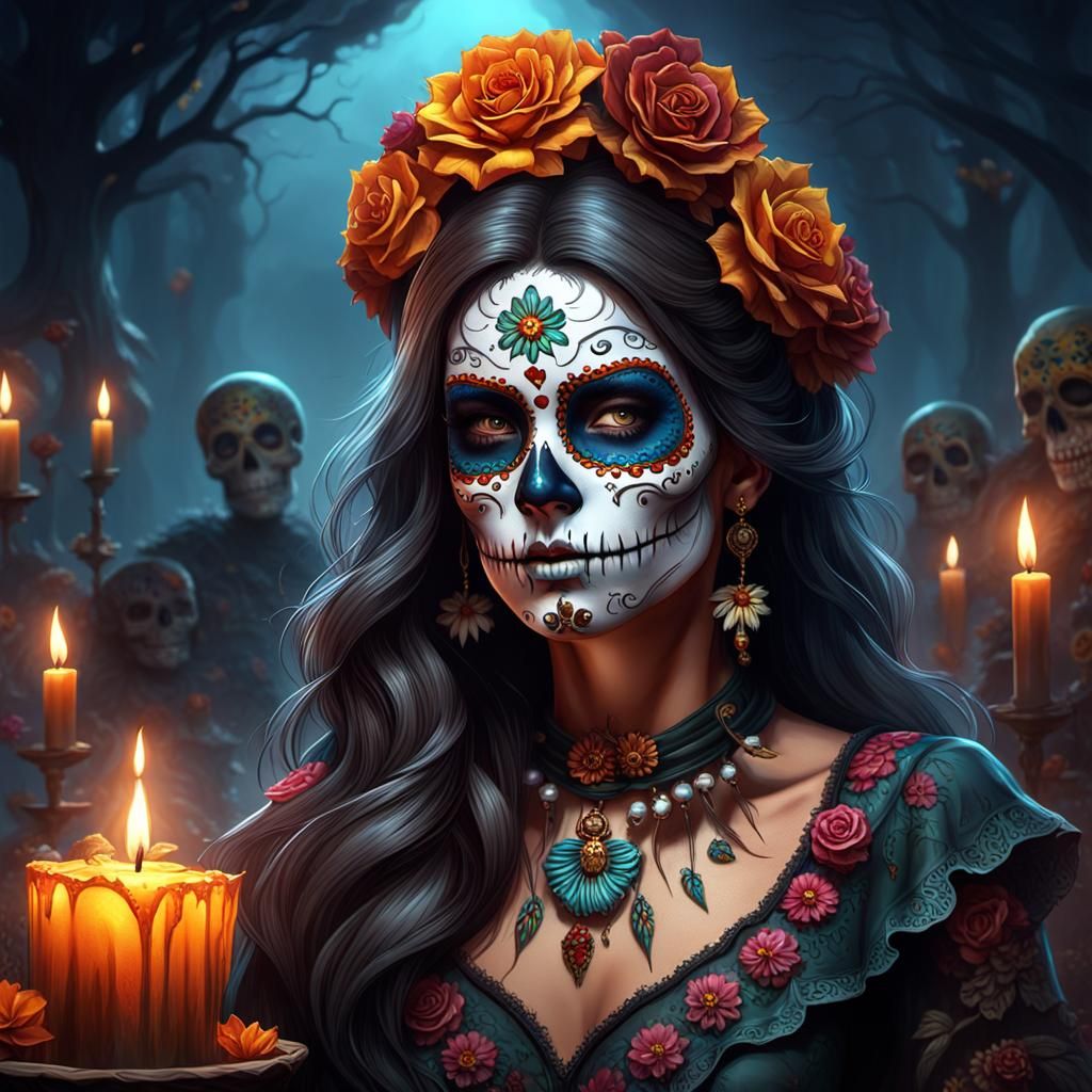 Day of the Dead Sugar Skull Woman: Dark Fantasy Art