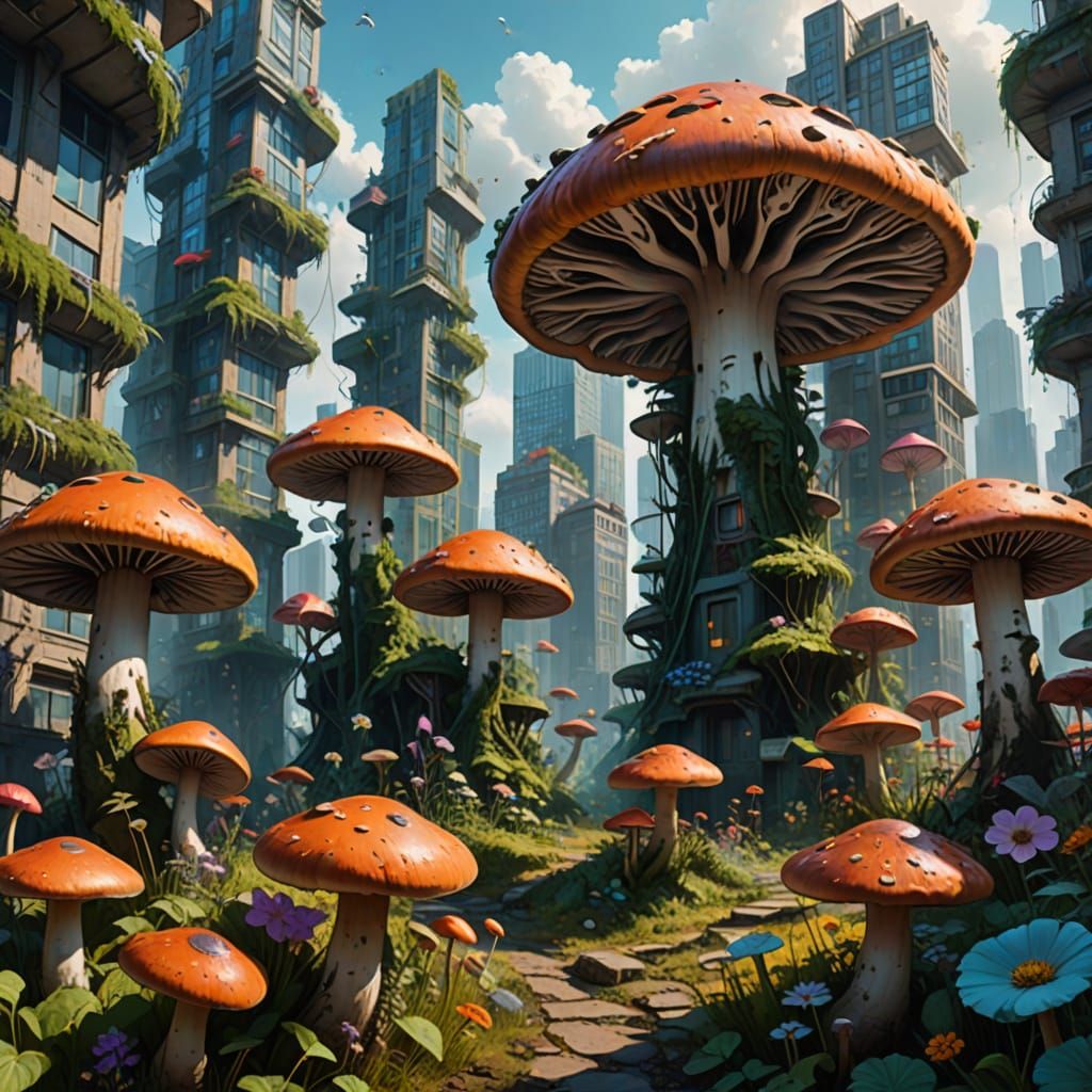Overgrown Metropolis: Giant Mushrooms in the City