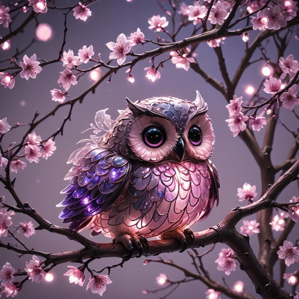 Neon Sakura Owl in Surreal X-Ray Style