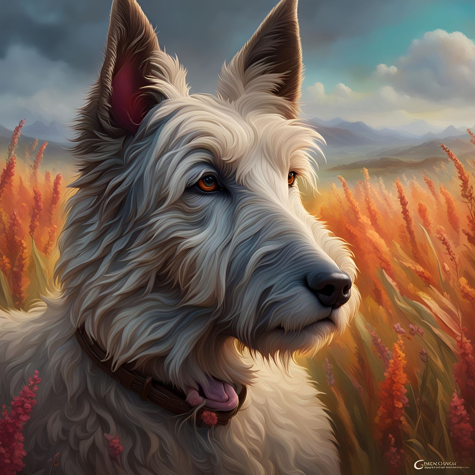 Berger Picard Dog in Field, Fantasy Concept Art
