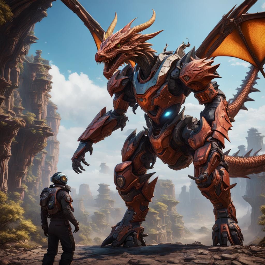 Dragon Mech Suit Piloted by Human, Detailed Digital Art