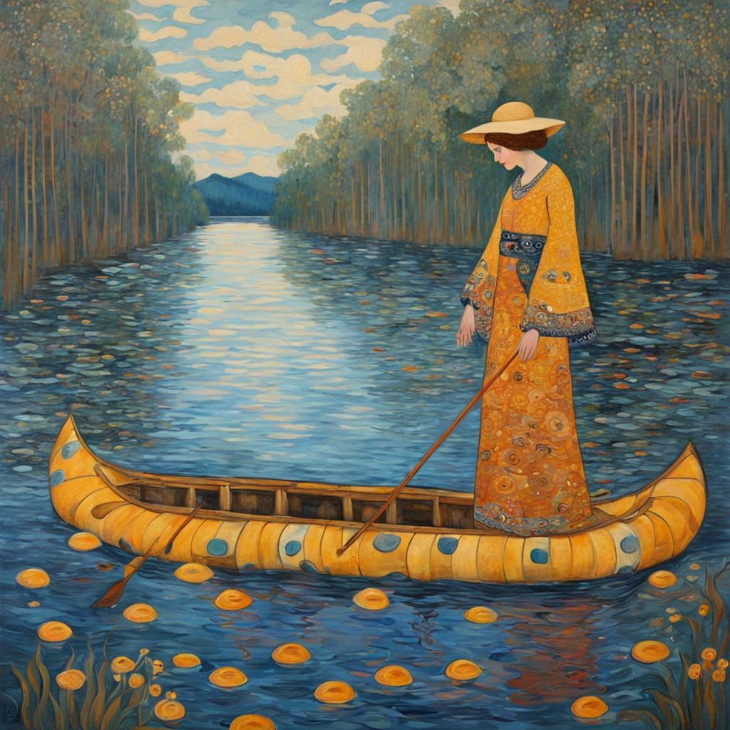 Lady in a Klimt-Inspired River Crossing Scene