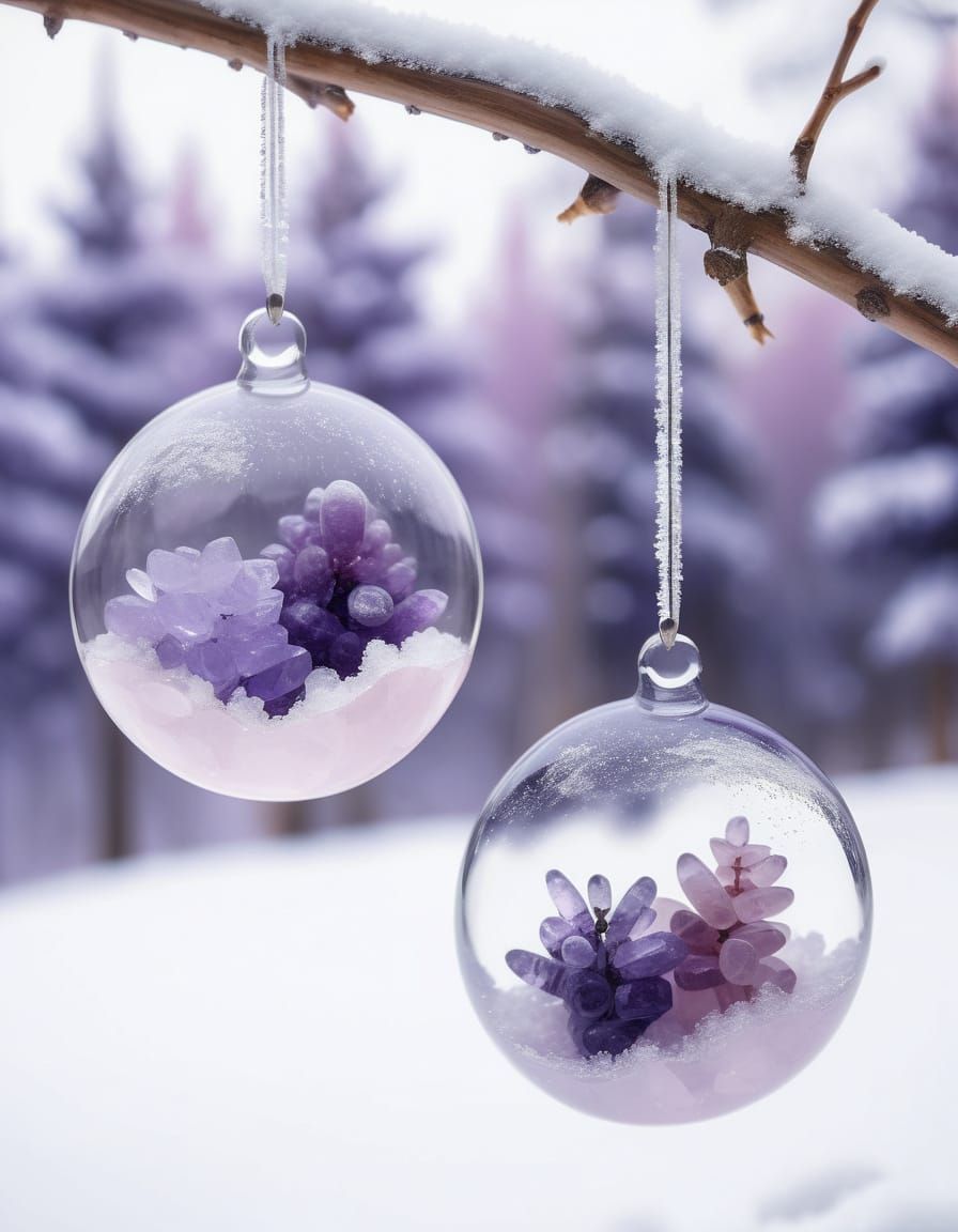 Vibrant Amethyst and Rose Quartz Crystals in Snowy Orbs