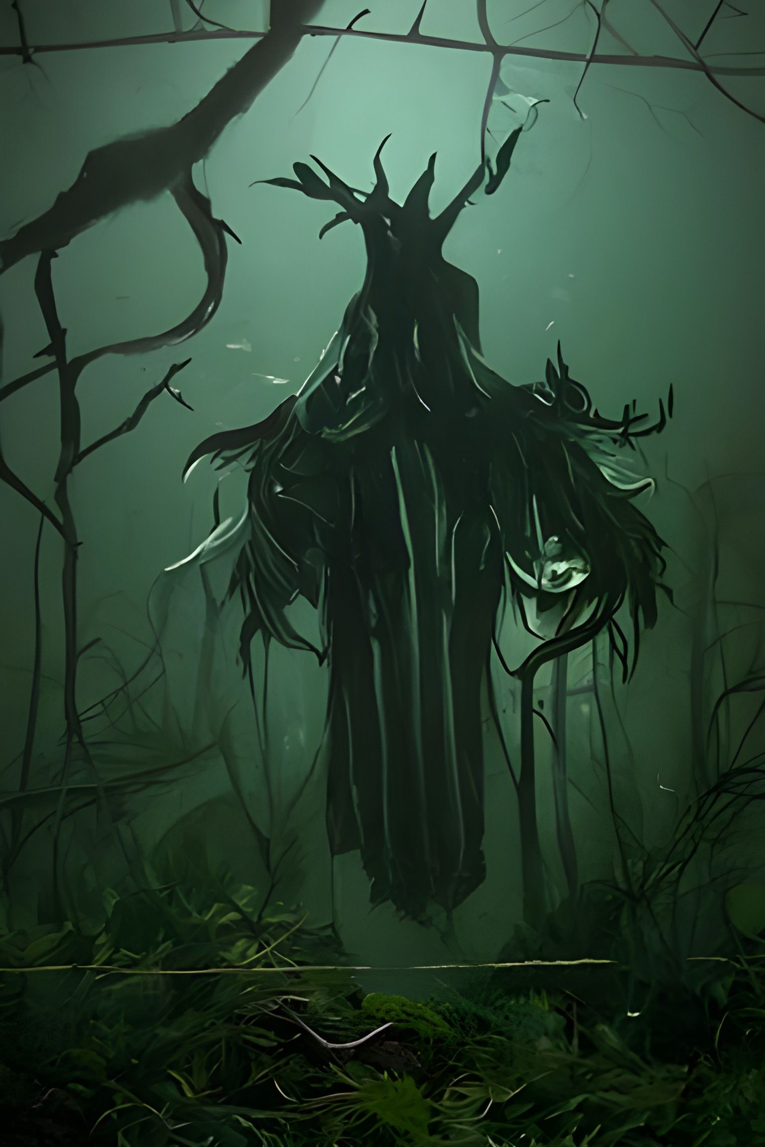 Demonic Horned Spirit in Dark Forest: Horror Art