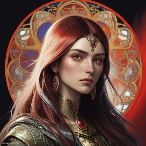 Vibrant Red and Silver Nail Portrait in Oil Painting Style