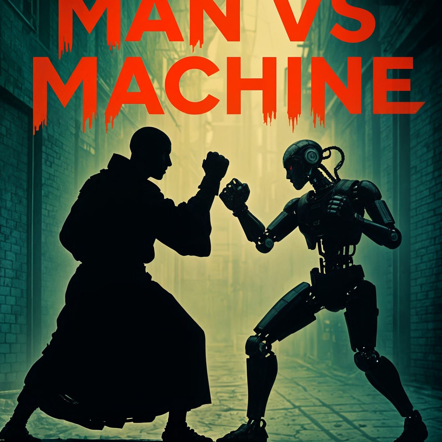 Sci-Fi Robot Fighting Poster in Dingy Alleyway