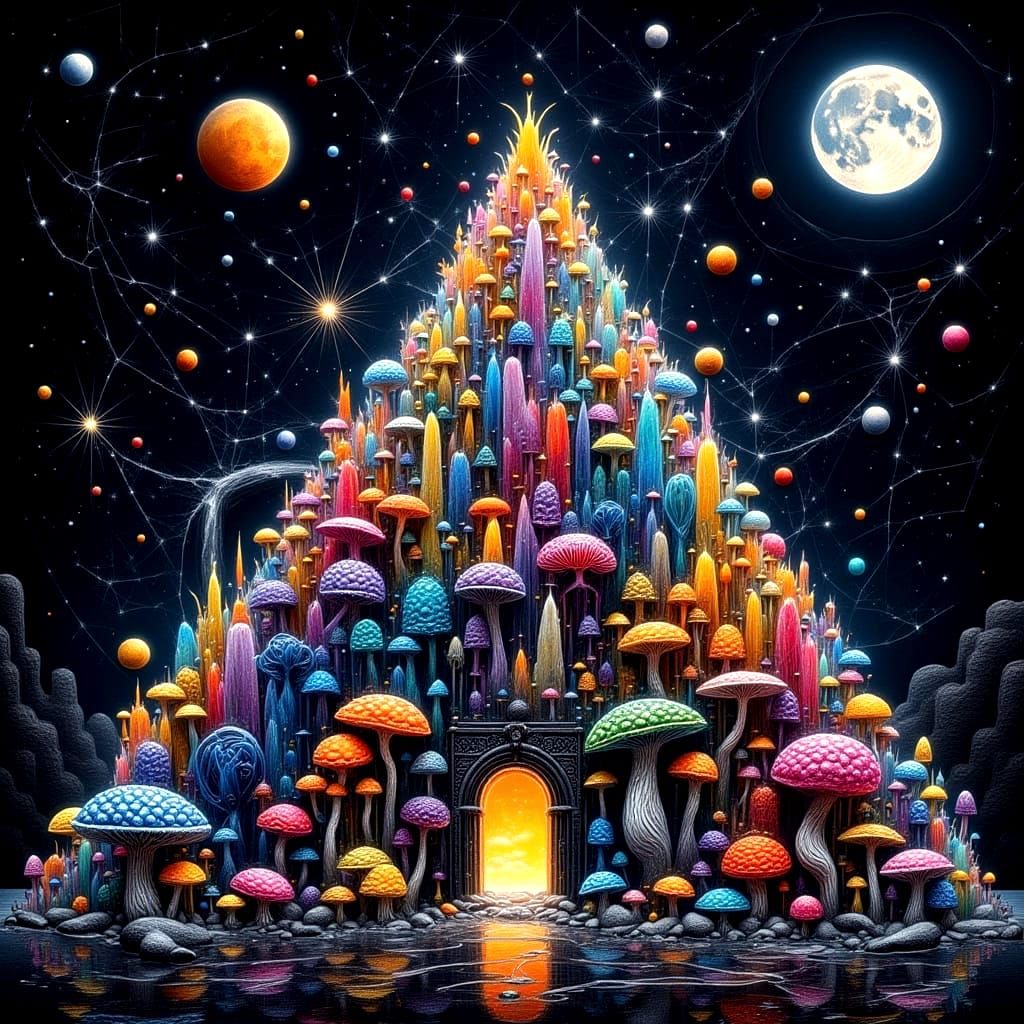 "Mushroom Spire: A Neon Fungi Citadel Under Twin Moons"