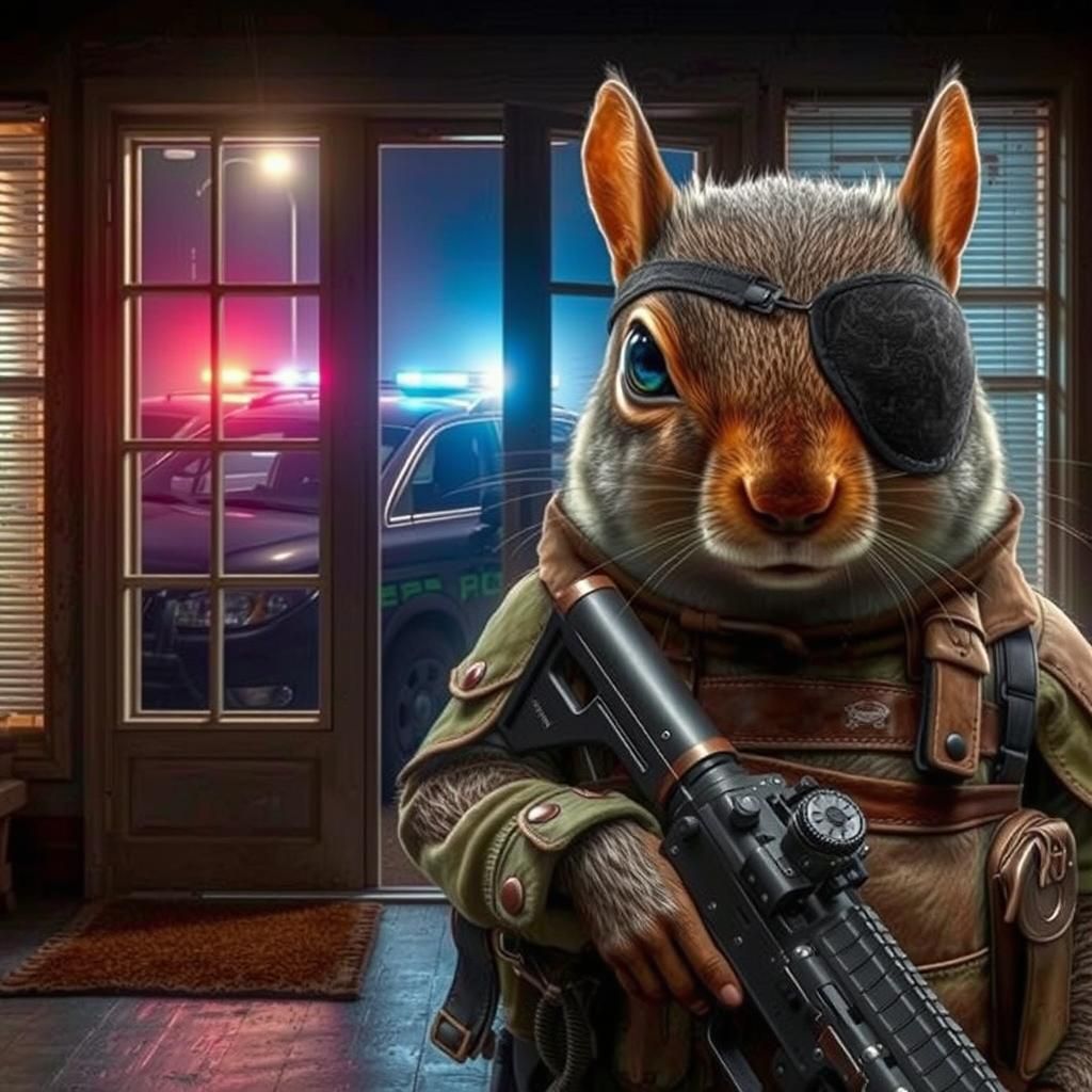Squirrel Vigilante in Gritty Photorealistic Scene