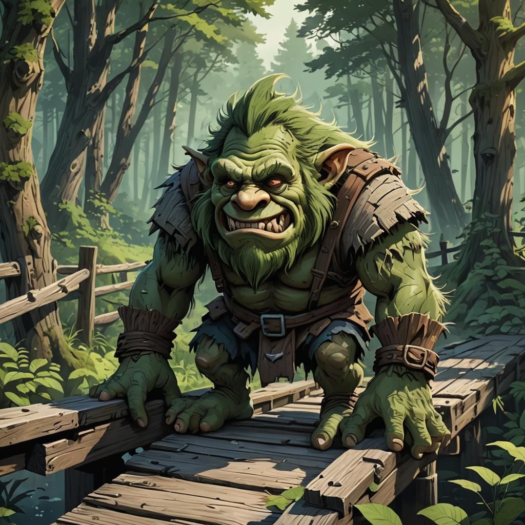 Ugly Troll Portrait with Wooden Bridge in Anime Style