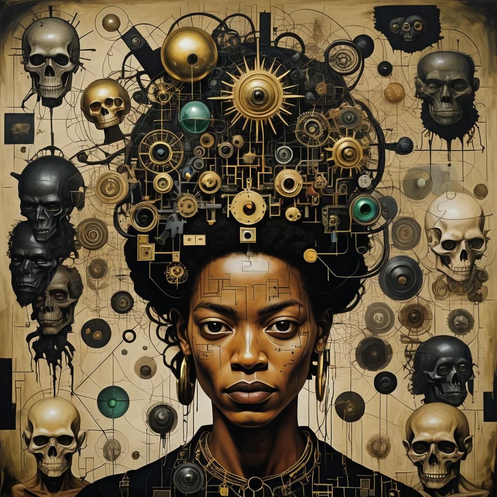 Android Woman with Cubes in Basquiat Graffiti Style