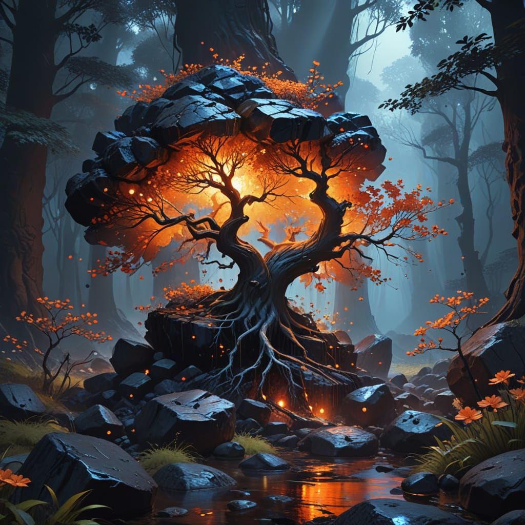 Mystical Pop Art Tree with Glowing Flowers in Forest