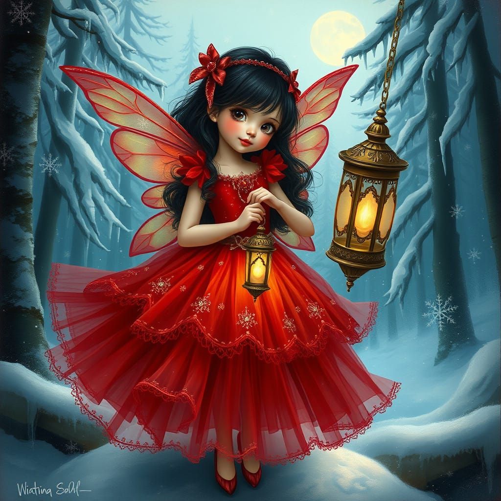 Whimsical Fairy in Scarlet Tutu Dancing Under Snowy Trees