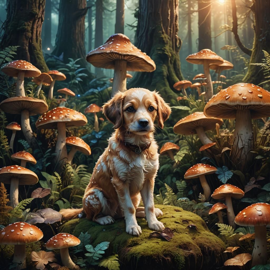 Enchanting Forest Dog on Mushroom, Fantasy Concept Art