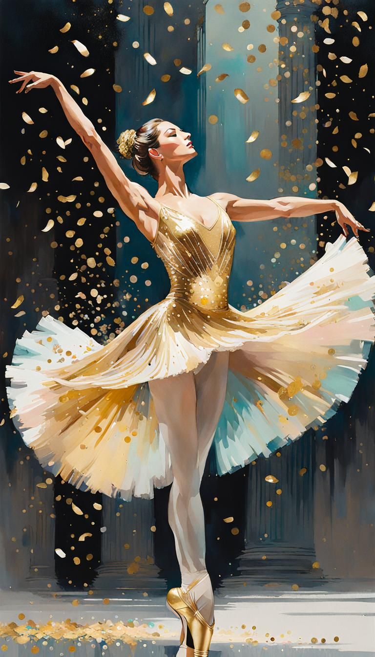Ballet Dancer in Gold Confetti, Watercolor Illustration