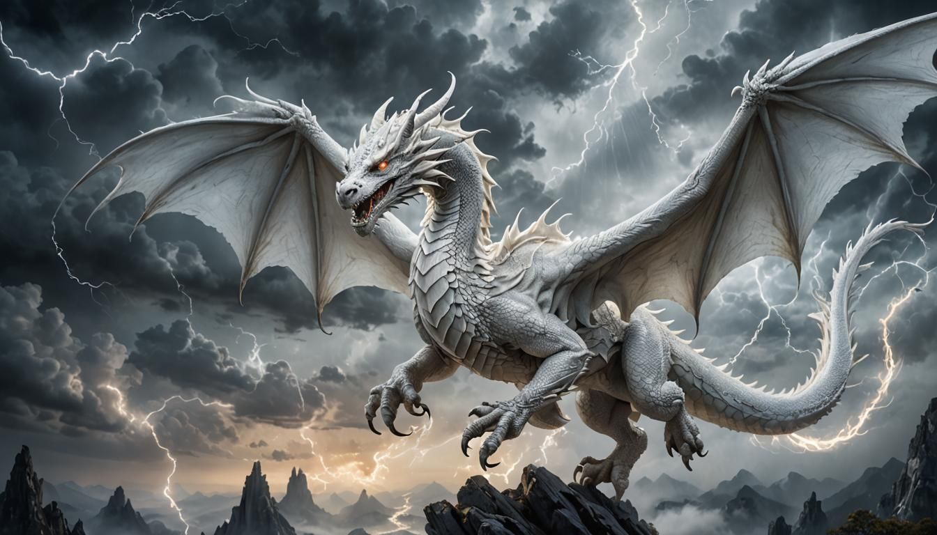 Majestic White Dragon Soaring Through Ethereal Realm