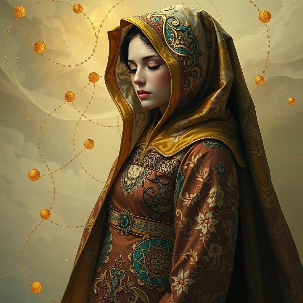 Woman in Gown with Swirling Clouds in Klimt Style