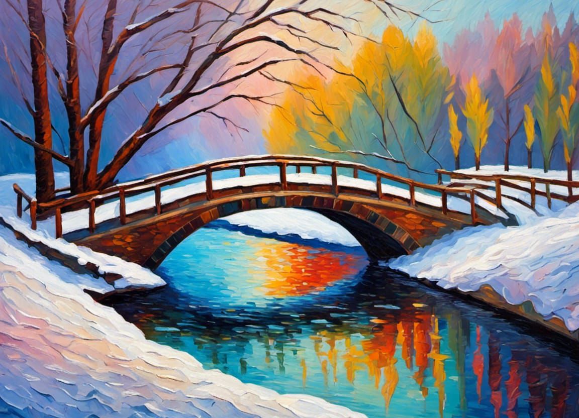 Snowy River Bridge: Neo-Impressionist Oil Painting