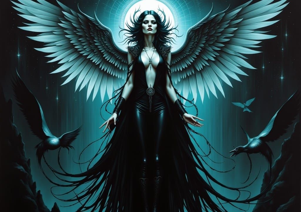Cyberpunk Angel in Flight: Gloomy Dystopian Horror