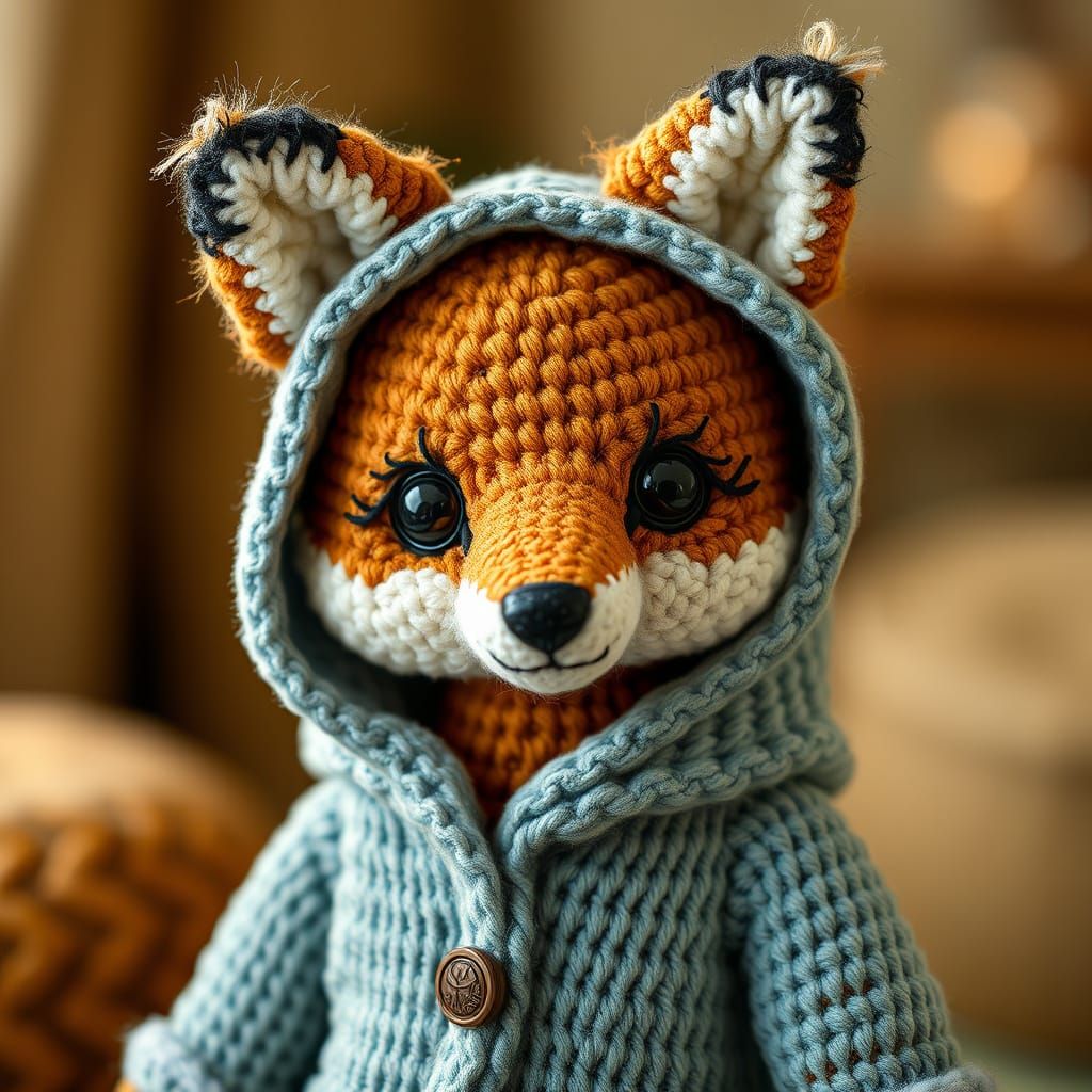 Crocheted fox wearing a blue hoodie