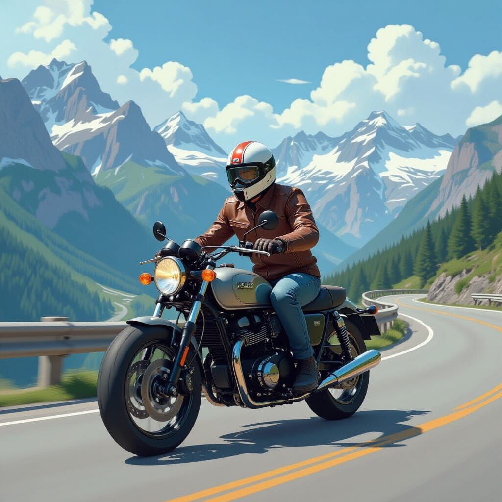 Motorcycle Rider on Scenic Mountain Road in Futuristic Style