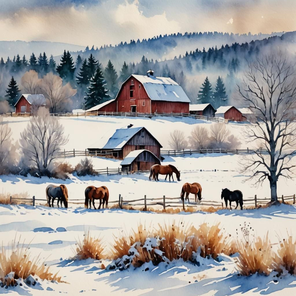Winter Barn Landscape with Horses: Watercolor Style