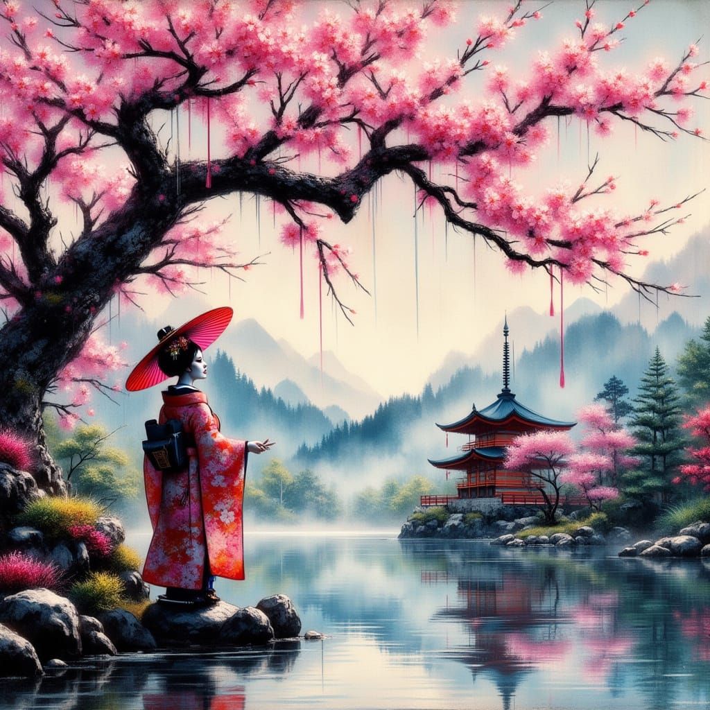 Geisha Under Sakura Tree Japanese Art Style