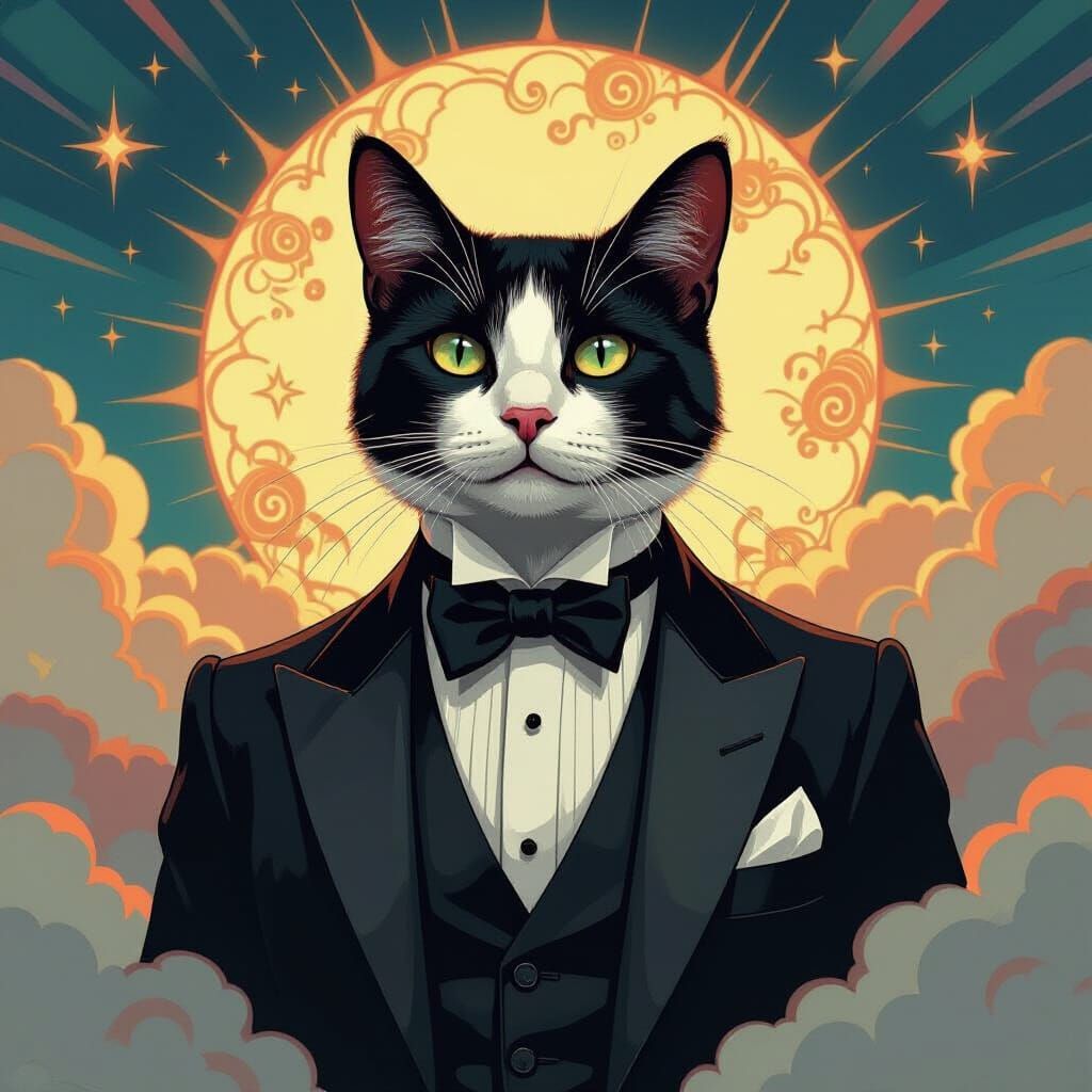 Baroque Art Nouveau Cat in Suit and Bowtie