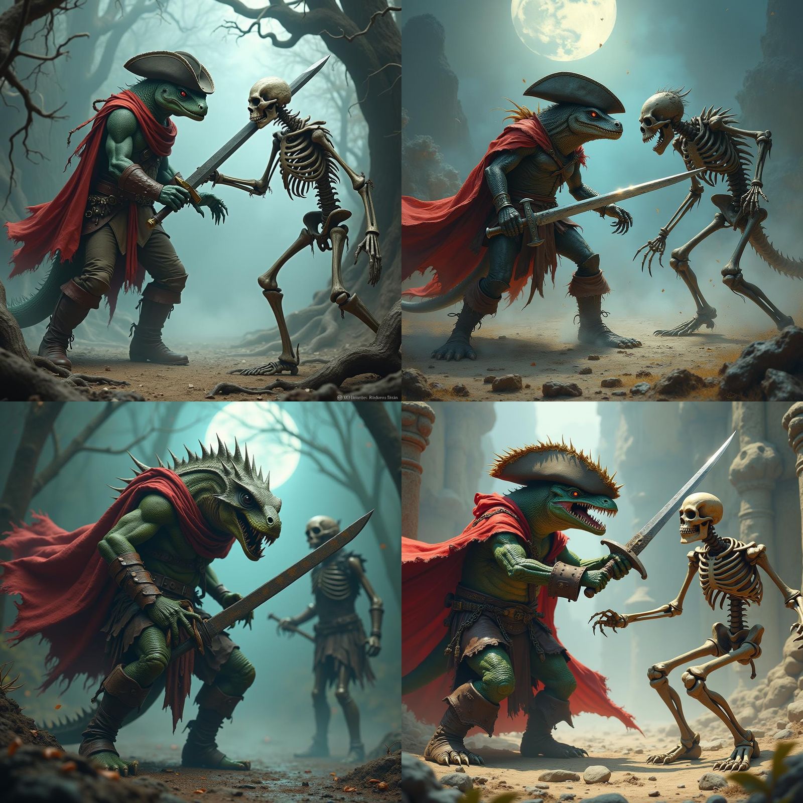Lizardman Pirate Dueling Skeleton, Fantasy Concept Art