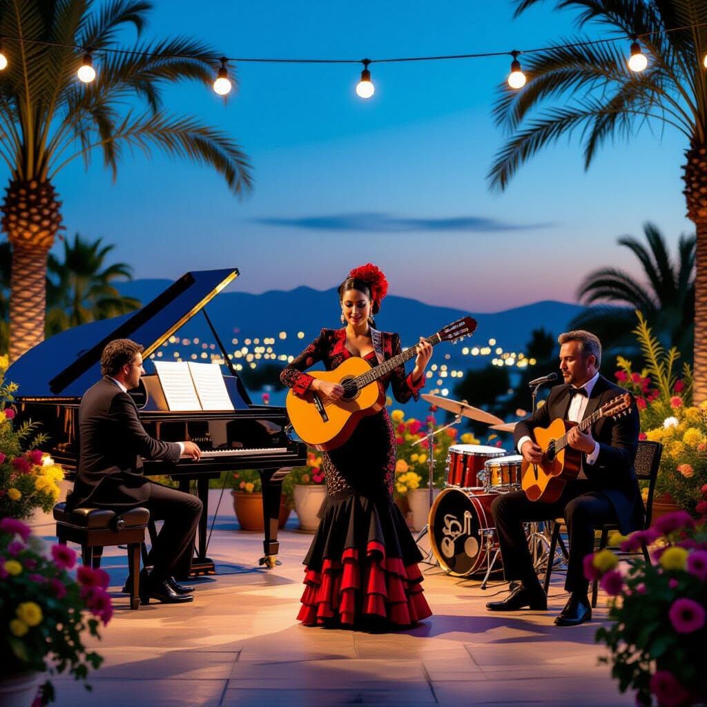 Flamenco Trio on Stage in Surrealist Style