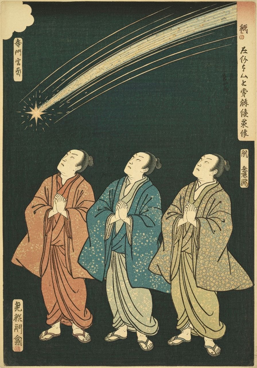 Three Figures Gaze at a Shooting Star in Dynamic Ukiyo-e Sty...