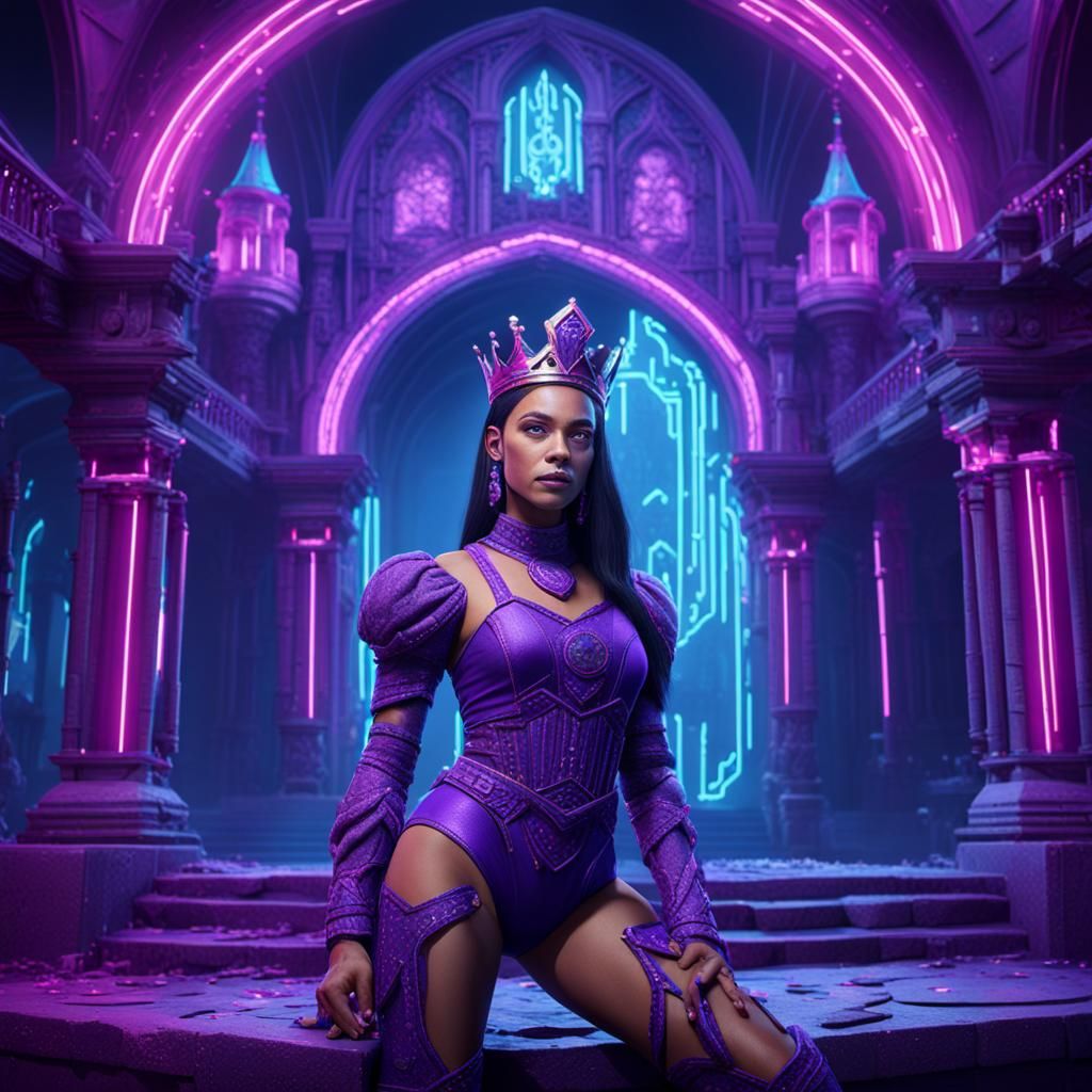 Neon Queen in Purple Castle: Fantasy Art