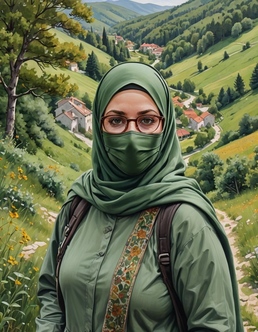 European Woman Hiking in Croatia, Matte Painting