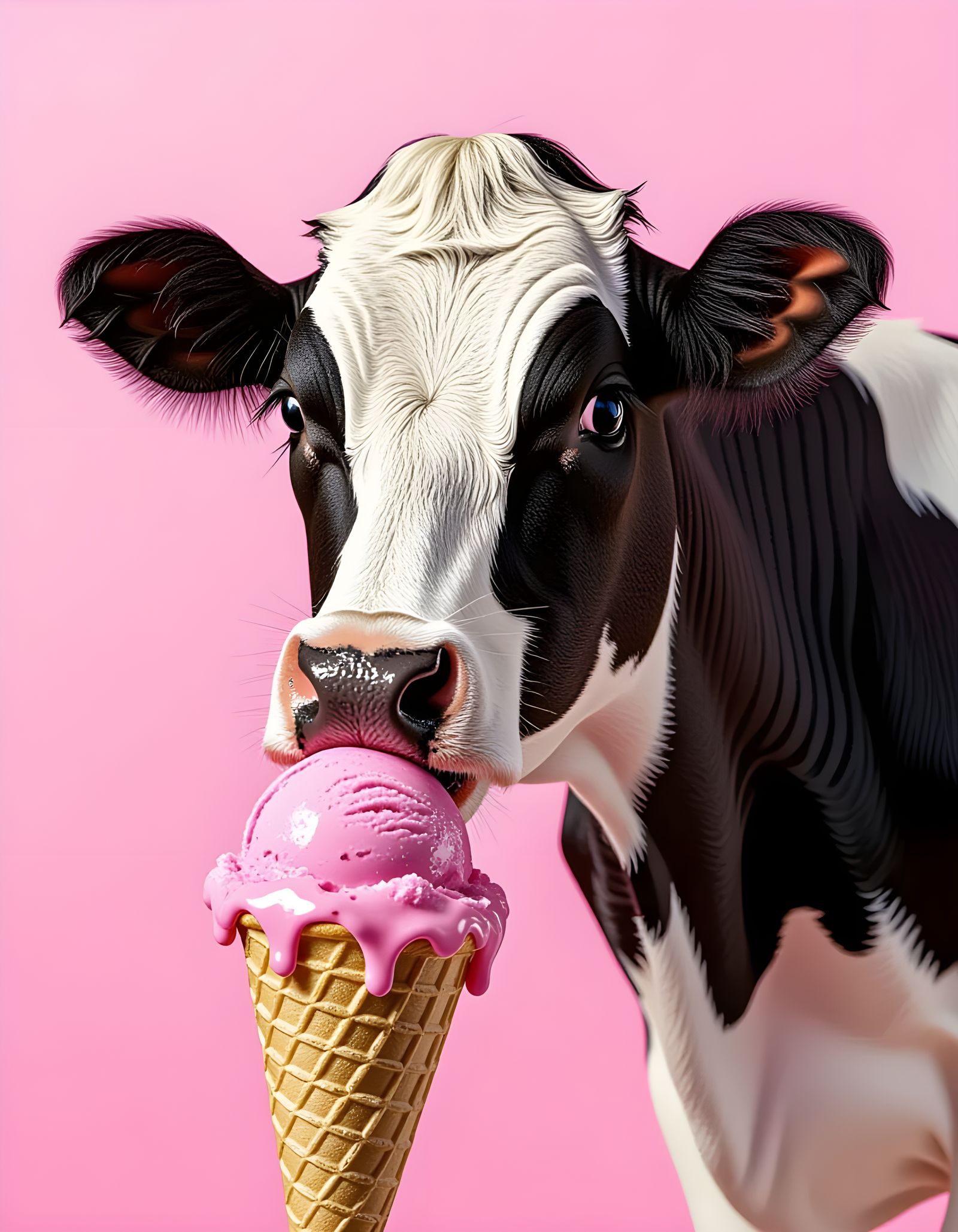 Cow Licking Ice Cream on Pink Background