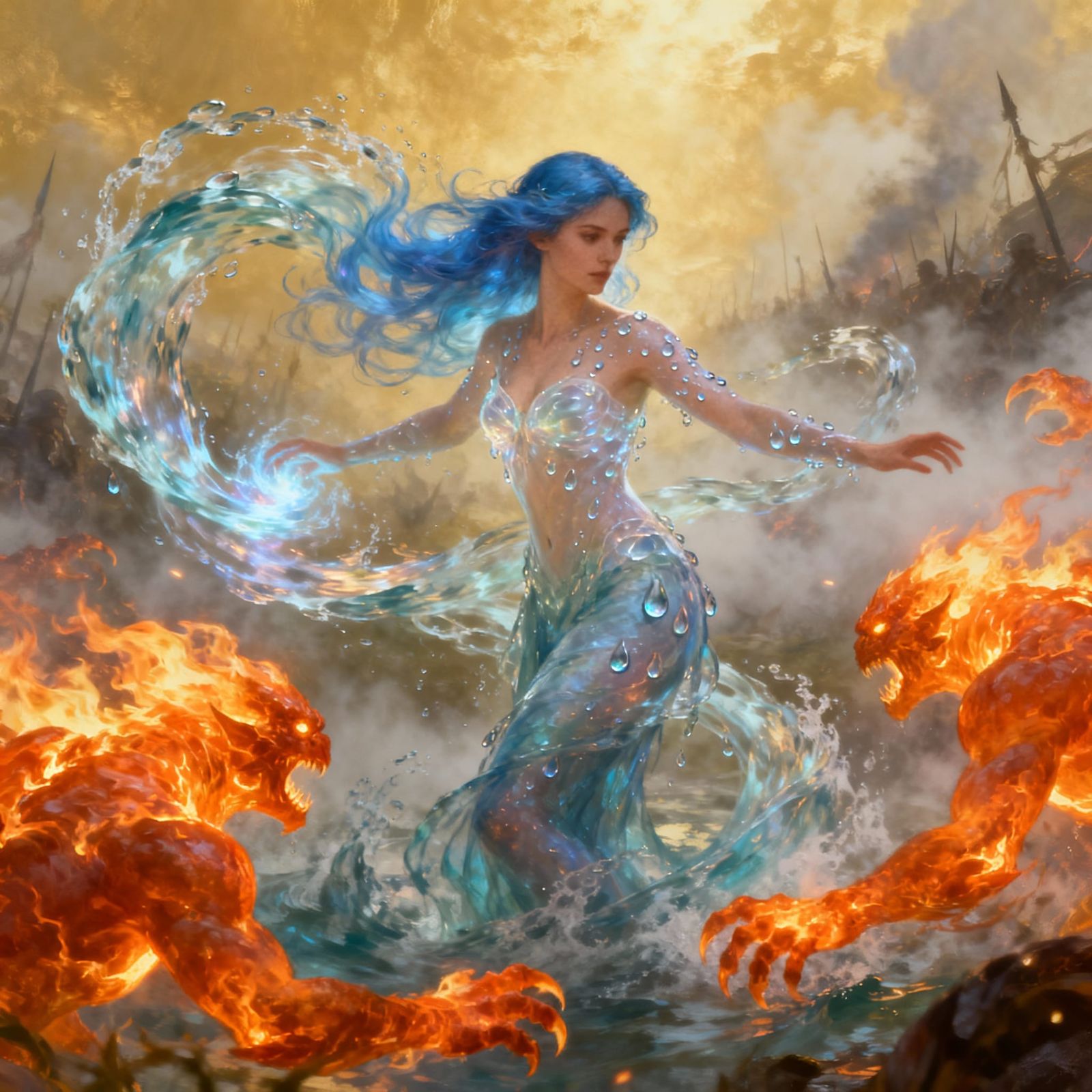Water Spirit Battles Fire Elementals in Fantasy Art