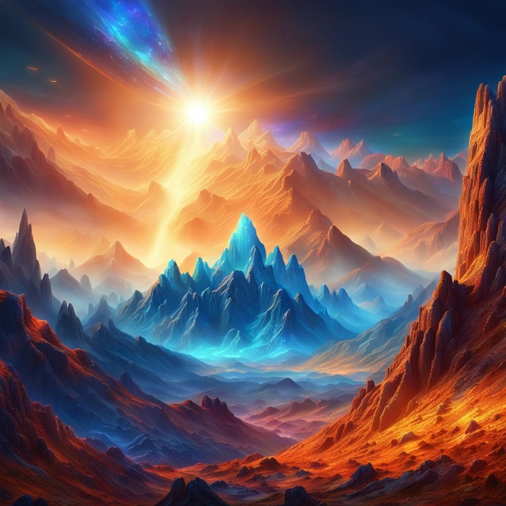 Shimmering Gemstone Mountains in Epic Fantasy Landscape
