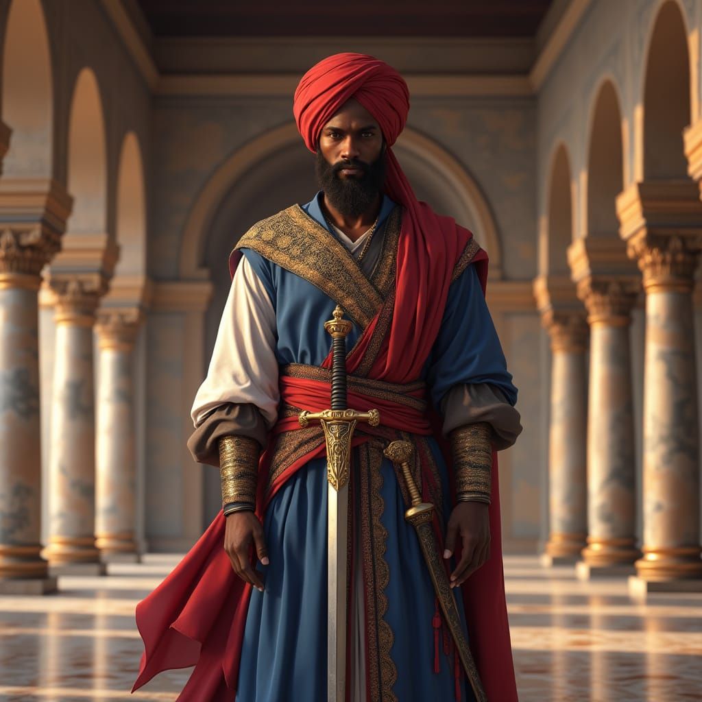 Moorish Warrior in 10th Century Palace, Hyperrealistic 3D An...