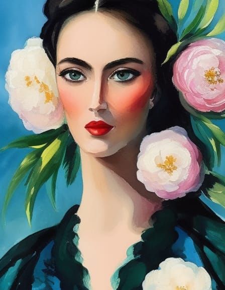 Brunette with Peonies in Gouache Watercolor Style