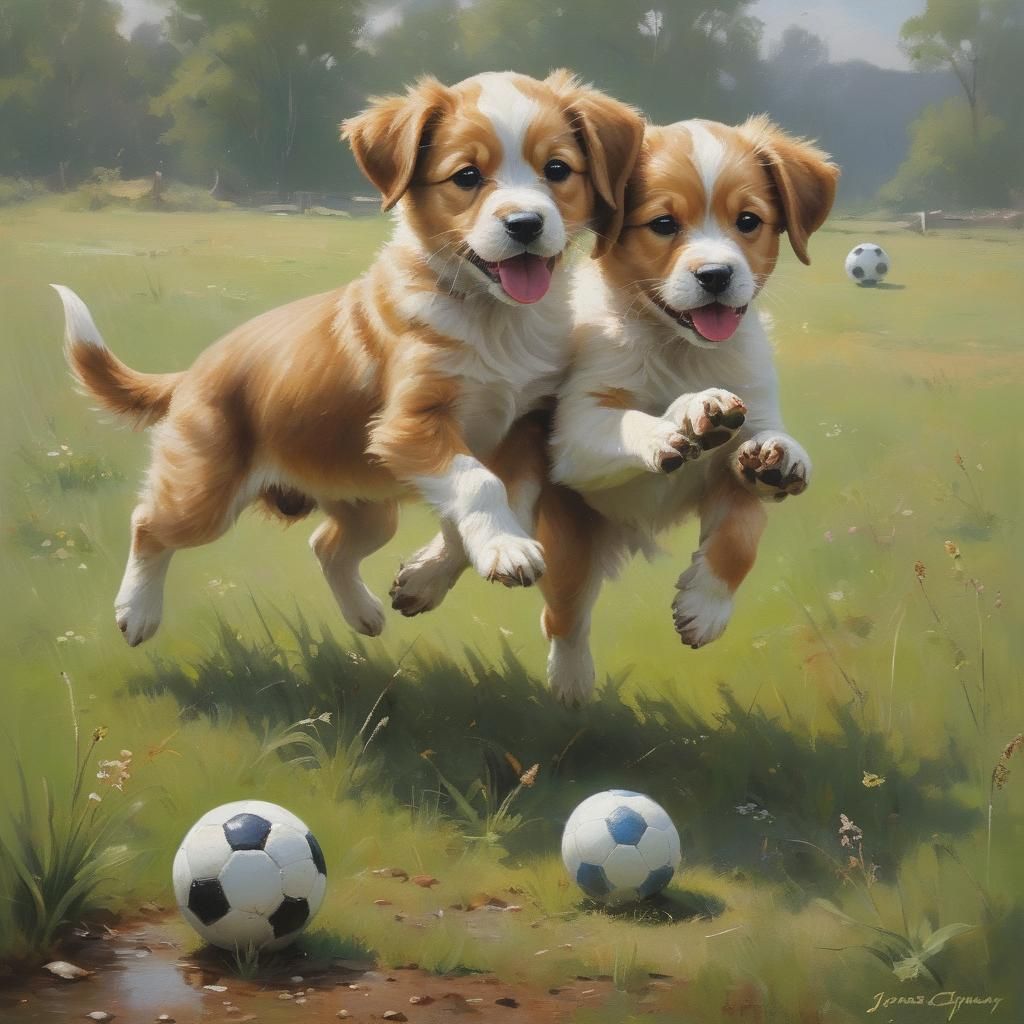 Cute Puppies Playing Soccer as Oil Painting